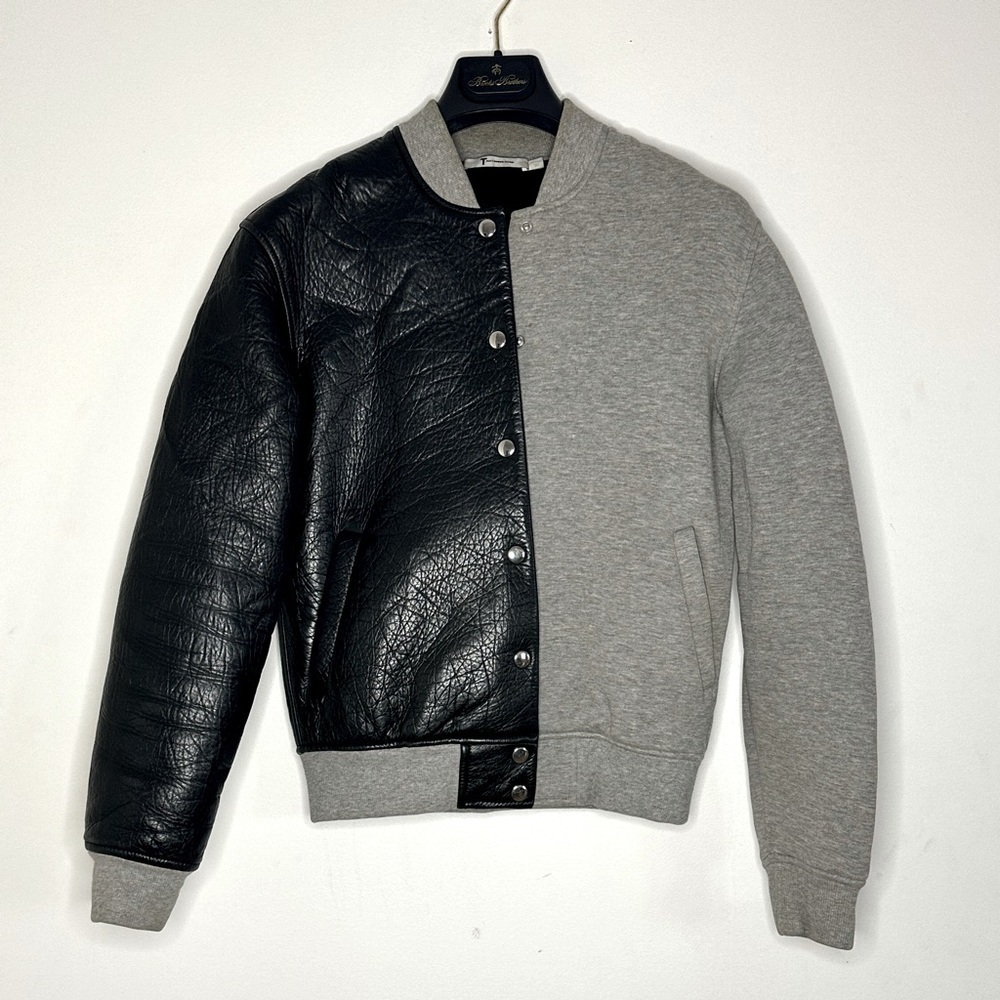 ALEXANDER WANG Leather & Neoprene Half Half Varsity Jacket Black and Grey - Picture 6 of 13